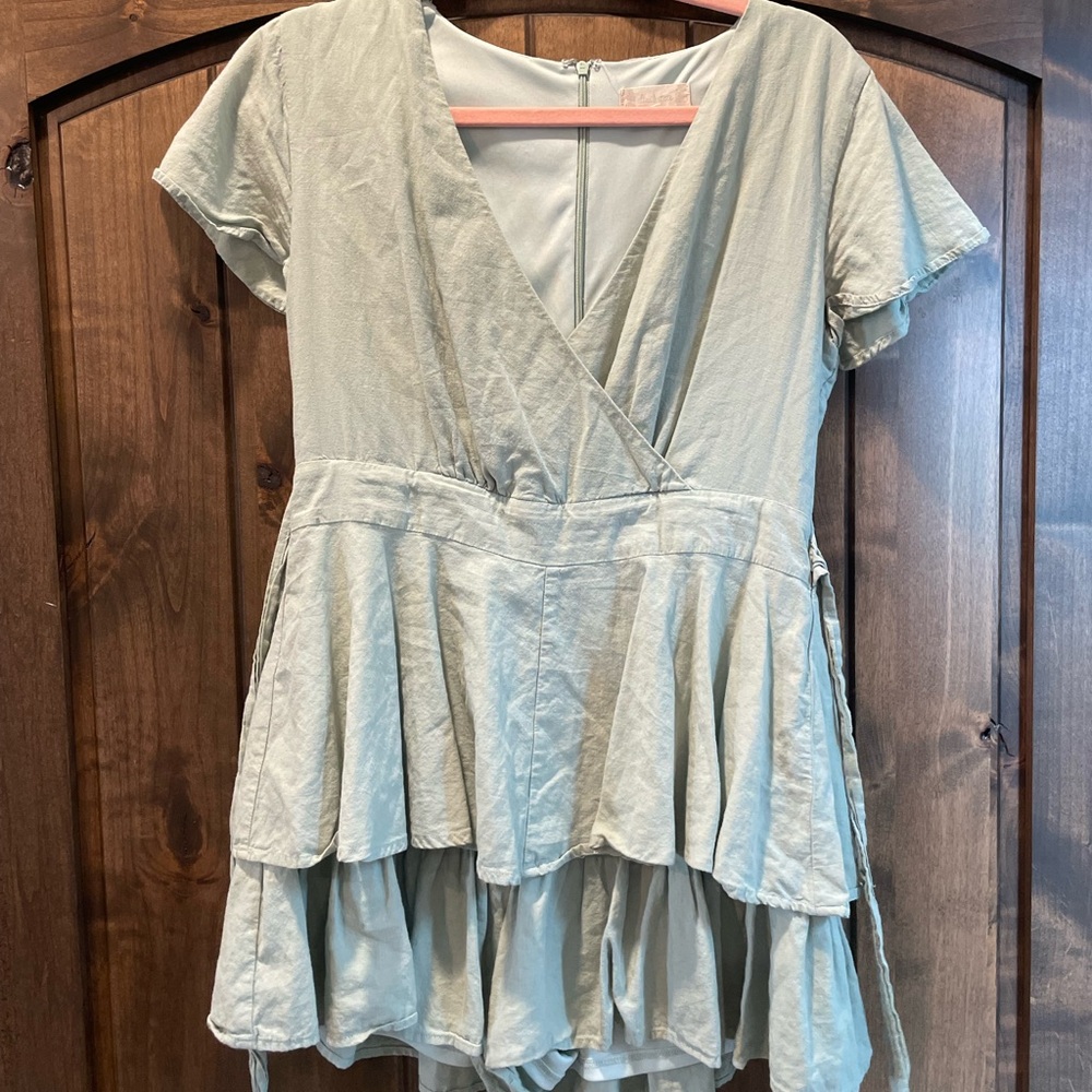 Light Sage Tiered Wrap V-Neck romper
